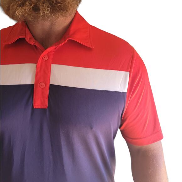 Cutter & Buck CBUK Mens Red White Blue Polo Shirt Size Large Colorblock Golf USA - Picture 2 of 10